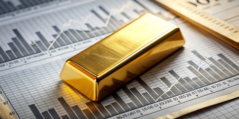 A luxurious gold bar sits atop a financial newspaper, surrounded by rising graphs and charts, symbolizing the valuable and fluctuating gold prices market.