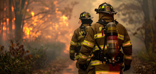 Fototapeta premium Firefighters Battling Wildfire - Courage in the Flames