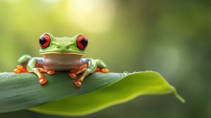Fototapeta premium Red-Eyed Tree Frog on Leaf Close-Up of Vibrant Tropical Amphibian in Natural Habitat for Nature and Wildlife Themes