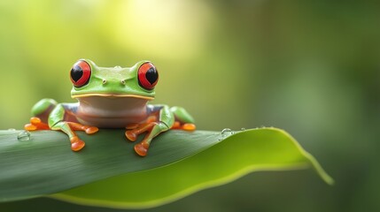 Obraz premium Red-Eyed Tree Frog on Leaf Close-Up of Vibrant Tropical Amphibian in Natural Habitat for Nature and Wildlife Themes