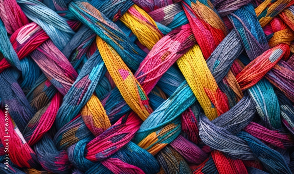 Poster colorful tapestry of intersecting yarn lines, creating a complex, vibrant mosaic effect