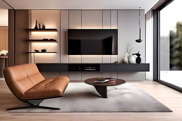 Modern living room featuring a sleek leather couch and a flat-screen TV, showcasing contemporary design and comfort.
