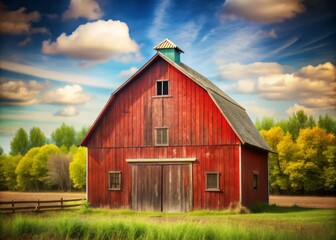 Obraz premium Rustic, weathered red barn stands out against a blurred, natural wood-plank background, evoking a sense of rural simplicity and nostalgia.