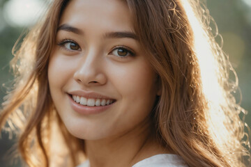 Fototapeta premium Beautiful Asian woman face with brunette hair and brown eyes is smiling and looking at the camera. Concept of happiness and positivity