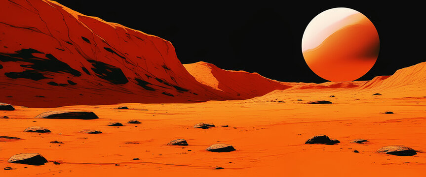 illustrazione di paesaggio desolato e desertico di un pianeta alieno con grande luna sullo sfondo scuro