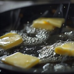 Fried ravioli in oil, bubbling in a pan.