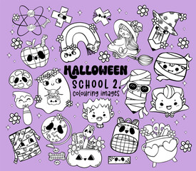 Fototapeta premium Retro Halloween School Supplies colouring image Collection Cute Back to School Spooky Cartoon Doodle Characters set
