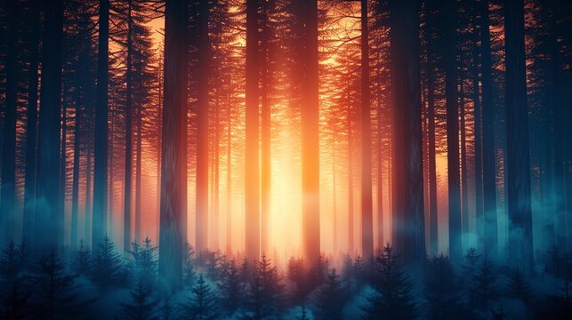 Mysterious pine forest at dusk, with ambient light creating a cryptic atmosphere and emphasizing the dark, intricate shapes of the trees 8K , high-resolution, ultra HD,up32K HD