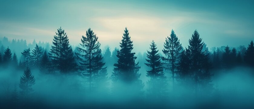 Pine forest enveloped in an enigmatic mist, with cryptic ambiance highlighting the tall, dark silhouettes of the trees 8K , high-resolution, ultra HD,up32K HD