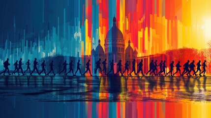 Obraz premium abstract illustration depicting a cityscape with Eiffel Tower at sunset. Silhouette of people walking under colorful sky.