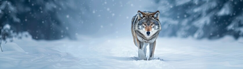 Obraz premium Wolf exploring snowy forest territory, photorealistic, detailed fur and snow, niche predator habitat, cold lighting