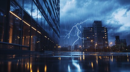 Fototapeta premium A stormy urban landscape portrayed with striking lightning and captivating reflections