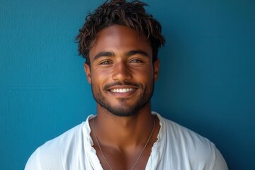 charismatic young man in crisp white shirt against vibrant blue backdrop genuine smile and confident posture convey approachability and professionalism