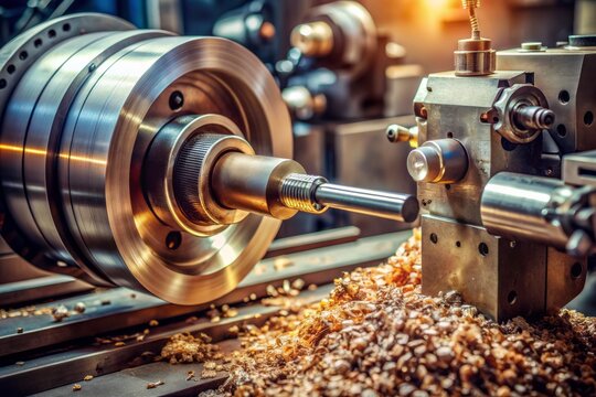 Close-up of a mechanical lathe's rotating spindle and tool holder, surrounded by metal shavings and machinery parts, in a well-lit industrial workshop setting. - Powered by Adobe