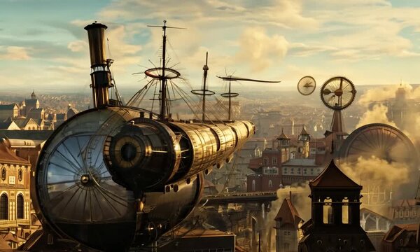 A grand airship floating above a steampunk city.