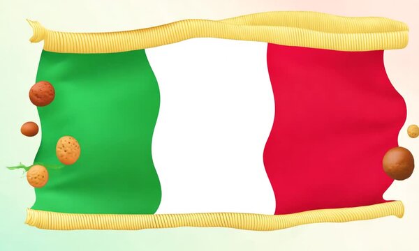 "Create a playful version of the Italian flag with animated spaghetti and meatballs forming the stripes."