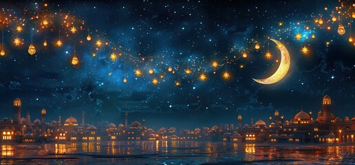Night sky with crescent moon, stars, and glowing lanterns over a city skyline.  Beautiful and magical scene.