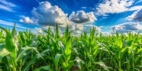 Obraz premium Vibrant green cornstalks stretch towards the horizon, swaying gently in the breeze beneath a brilliant blue sky with fluffy white clouds on a sunny day.