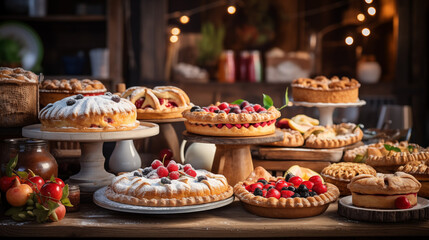 Assortment of Rustic Bakery Pies and Fresh Berries on a Vintage Wooden Table with Warm Lighting