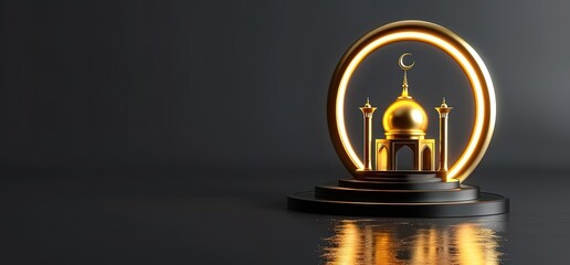 A golden mosque with a crescent moon on top is displayed on a podium with a golden ring around it. The reflection of the mosque in the water makes the image look very elegant.