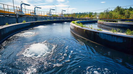 Modern water treatment plant showing aeration tanks for wastewater treatment
