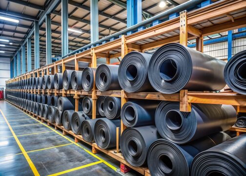 Rolls of heavy-duty industrial rubber sheets stacked on metal shelves in a warehouse, awaiting fabrication into gaskets, seals, and other mechanical components.
