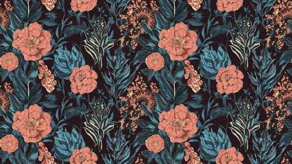 Fotobehang An intricate Shiboripatterned textile showcasing the traditional tiedye technique featuring deep indigo and a tribal motif with Peony ink style © NeuralNiche