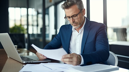 A business man in a suit sitting at his desk and reading documents while using a laptop computer in an office background with glass windows. 
