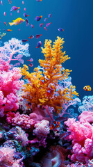 Obraz premium Exotic oceanic colorful fluorescent coral reef with fishes on blue background. Aquarium hobby. Generative AI