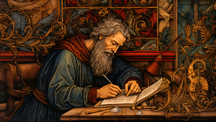The Scribes Letter - Monk, Writing, Book, Manuscript, Historical, Medieval, Study, Old, Antique, Painting, Artwork, Scholar, Scribe, Desk, Religion, Christianity
