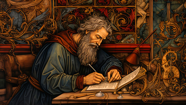 The Scribes Letter - Monk, Writing, Book, Manuscript, Historical, Medieval, Study, Old, Antique, Painting, Artwork, Scholar, Scribe, Desk, Religion, Christianity