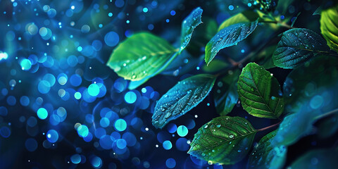 Green tree branch sprouting with glowing particles and vibrant leaves on a dark blue background. Concept of growth and nature's magic