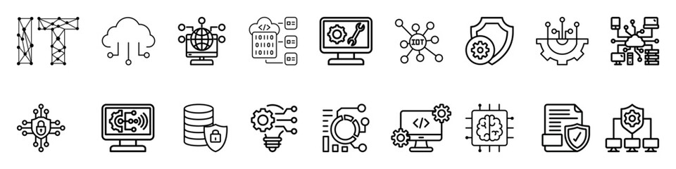 Line icons about information technologies. Contains such icons as cloud computing, data, programming, network, internet, digital transformation and more. IT editable stroke vector icon collection. 