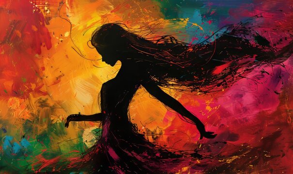 ecstatic dance poster with a silhuette of a dancing lady with wet hair swished in the air from dancing, style of heavy brush strokes abstract art