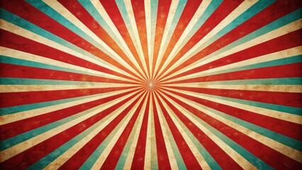 Fototapeta premium Vibrant retro-inspired background featuring a sunburst pattern with radial lines, grunge texture, and a pop of red and white, evoking a classic circus or carnival atmosphere.