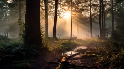 Misty sunset over farmland forest with tree silhouettes with burnt orange skies. Neural network ai generated art