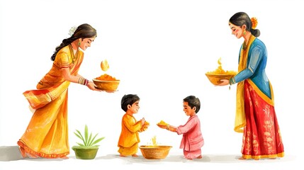 3D Watercolor Illustration: Traditional Indian Family Performing Ritual