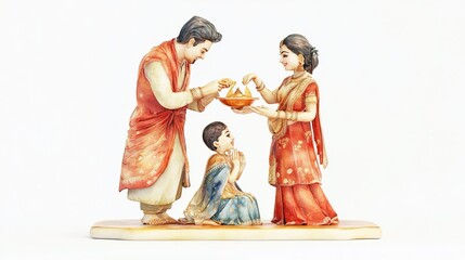 3D Watercolor Painting of Traditional Indian Family Performing Ritual