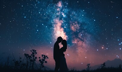 Fototapeta premium Embrace under a starry sky, illustrating passion and connection in a nighttime outdoor setting