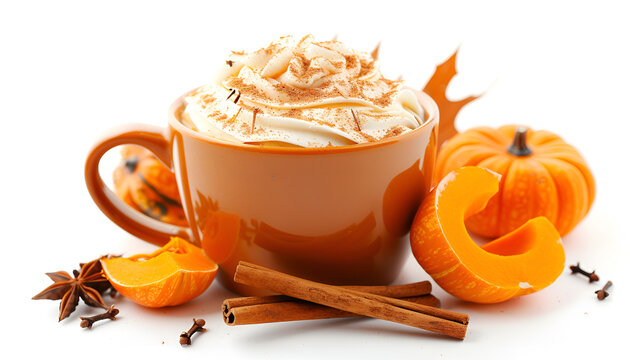 Cup of pumpkin spice latte with whipped cream, squashes and cinnamon sticks isolated on white