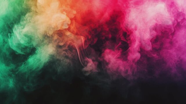 Abstract background with green, orange, and pink smoke on black background.