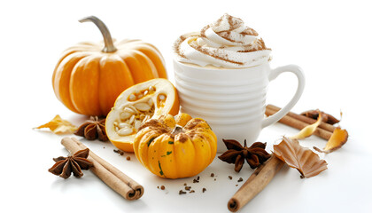 Cup of pumpkin spice latte with whipped cream, squashes and cinnamon sticks isolated on white