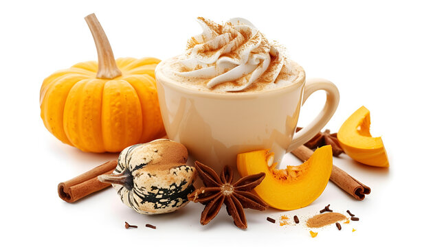 Cup of pumpkin spice latte with whipped cream, squashes and cinnamon sticks isolated on white