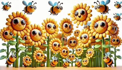 Wide 3D cartoon image of tall sunflowers with cheerful faces and playful bees buzzing around, vibrant and whimsical atmosphere.