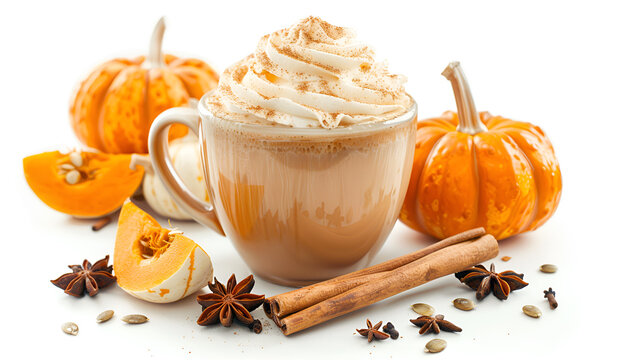 Cup of pumpkin spice latte with whipped cream, squashes and cinnamon sticks isolated on white