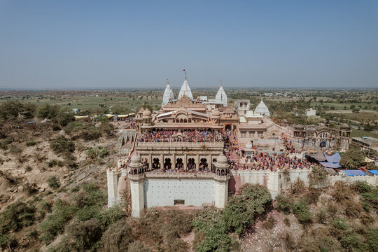 Aerial view of Shri Raas Bihari Temple during the Holy colour festival in Barsana, Uttar Pradesh, India.