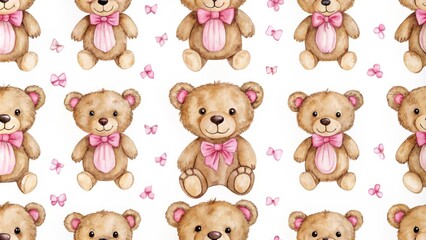 Obraz premium Whimsical seamless pattern featuring a hand-drawn, watercolor brown teddy bear sporting a charming pink bow tie on a crisp white background, evoking nostalgia and playfulness.