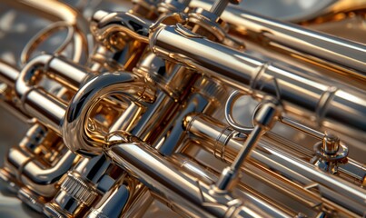 Examine the intricate valves and tubing of a trumpet, its gleaming brass and embouchure ready to breathe life into jazz improvisations