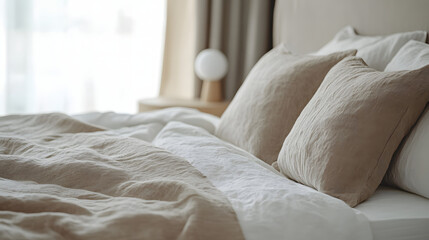 Close-up of a relaxing bedroom with natural linen textured bedding on the bed