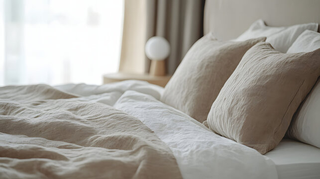 Close-up of a relaxing bedroom with natural linen textured bedding on the bed